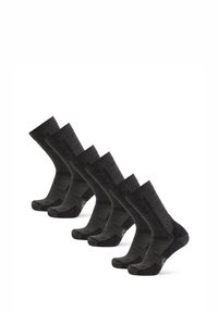 Fem par mörkgrå strumpor med ribbade muddar, förstärkta hälar och ett strukturerat mönster längs sidorna. Tillverkade av ett mjukt och hållbart material.