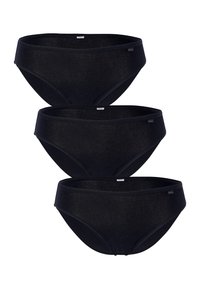 Mutande bikini nere in cotone, impilate tre unità. Presentano una texture liscia, una vita elastica e un branding minimalista sul lato.