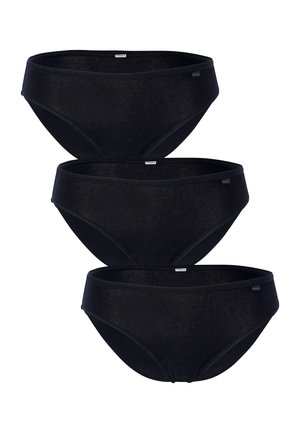 Mutande bikini nere in cotone, impilate tre unità. Presentano una texture liscia, una vita elastica e un branding minimalista sul lato.