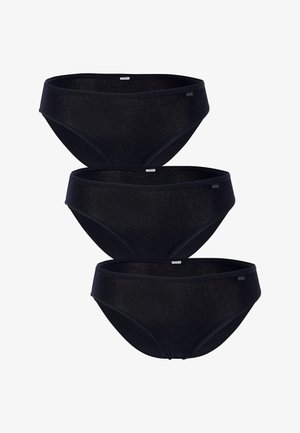 Mutande bikini nere in cotone, impilate tre unità. Presentano una texture liscia, una vita elastica e un branding minimalista sul lato.