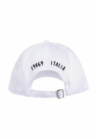Weißer Baseballhut mit schwarzem gesticktem Text "19V69 ITALIA" auf der Rückseite. Verfügt über einen gebogenen Schirm und einen verstellbaren Metallverschluss.