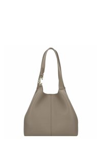 Taupekleurige leren handtas met een enkele schouderband en een zilveren sierklem aan één zijde.