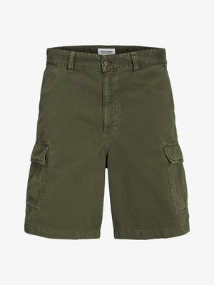 Pantaloni cargo verde oliva realizzati in cotone, con zip frontale, passanti per cintura, tasche laterali e un design a gamba dritta.