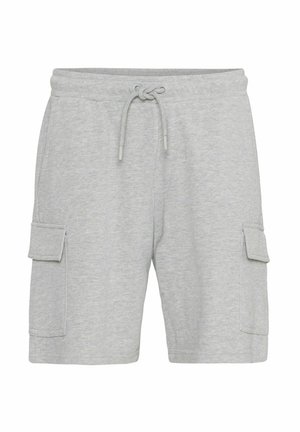Graue Baumwollshorts mit einem verstellbaren Bund, zwei Seitentaschen und zwei Cargotaschen an den Oberschenkeln. Weicher Griff und lässiges Design.