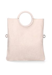 Borsa a mano beige realizzata in materiale morbido, con una maniglia circolare, design minimalista e apertura superiore con dettagli hardware laterali.