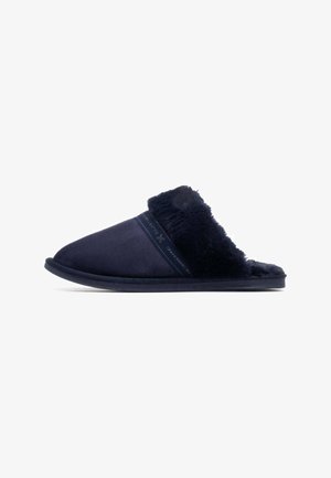 Pantuflas azul marino con un suave forro de piel sintética, parte superior de ante suave y suela acolchada. Diseño minimalista con acentos simples.