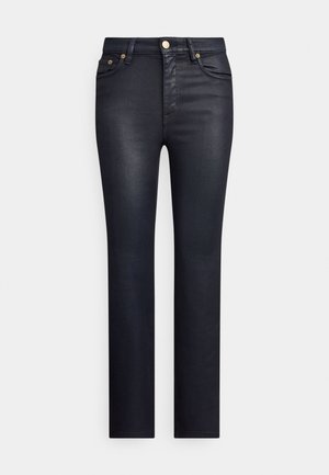 Dark blue denim jeans with a straight leg design, five-pocket style, metal button closure, and light fading on the front for texture.