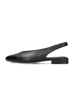 Zwarte leren slingback platte schoen met een spitse neus en een lage blokhak, met een gladde textuur en een minimalistisch ontwerp.