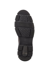 Suela de zapato de goma negra con un patrón texturizado, presenta surcos profundos para mayor agarre y un indicador circular de tamaño "42" cerca del talón.
