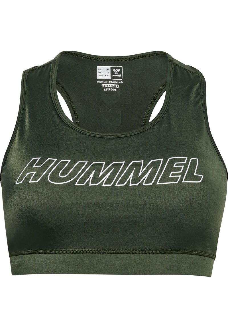 Bra sportivo verde oliva con design a racerback, caratterizzato da un grande logo bianco "HUMMEL" sul davanti e da un tessuto liscio ed elastico.