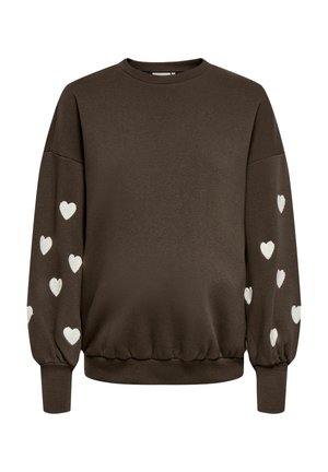 Mørkebrun langærmet sweatshirt med hvide hjerte mønstre på begge ærmer og ribbet manchetter og kant.