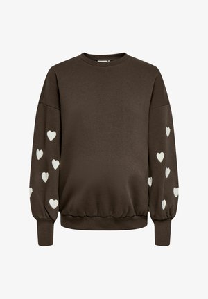 Mørkebrun langærmet sweatshirt med hvide hjerte mønstre på begge ærmer og ribbet manchetter og kant.