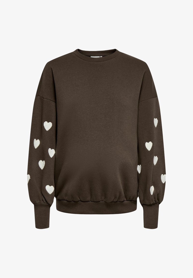Sweat-shirt marron foncé à manches longues avec motifs de cœurs blancs sur les deux manches et poignets et bas côtelés.