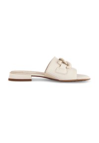 Beige leren slidesandaal met een platte hak, voorzien van een lusvormig designaccent op de bovenkant en een gladde textuurafwerking.