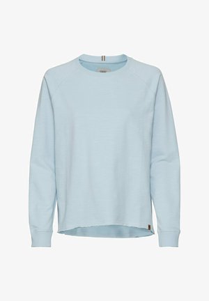 Sweatshirt bleu clair en tissu doux, doté de manches raglan, d'un col rond et d'un ourlet légèrement court avec des bords bruts.