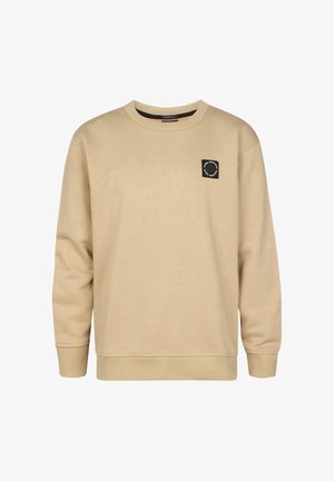 Beiger Pullover mit Rundhalsausschnitt, langen Ärmeln, gerippten Bündchen und Saum sowie einem kleinen schwarzen runden Logo auf der linken Brust.