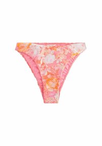 Cvetni bikini spodnji del z rožnato in oranžno barvno shemo ter gladko teksturo. Oblikovan z zmerno pokritostjo in elastičnim pasom.