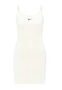 Abito in jersey bianco a coste con spalline sottili e silhouette aderente. Presenta un piccolo logo Nike nero al centro del petto.