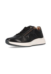 Schwarze Leder-Sneaker mit strukturiertem Finish, ausgestattet mit einem seitlichen Reißverschluss, einer Schnürung und einer kontrastierenden weißen Mittelsohle.