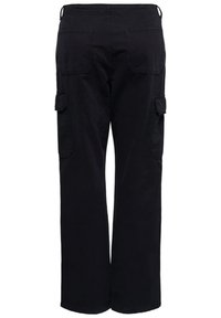 Zwarte cargobroek van stevige stof, met een straight leg ontwerp, zijzakken en achterzakken. Gladde textuur, praktische stijl.