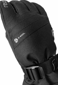 Schwarze isolierte Handschuhe mit gestepptem Design, versehen mit R-WOOL-Branding und einem verstellbaren schwarzen Riemen mit Schnalle. Glatte Textur und aerodynamische Form.