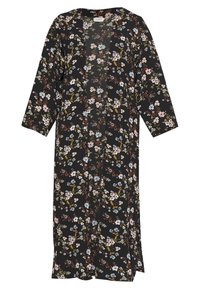 Svart lång blommig kimono med små rosa, blå och vita blommor samt trekvartsärmar, öppen frontdesign.