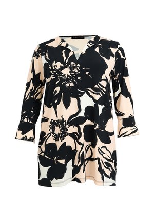Beige Tunika mit langen Ärmeln, großem schwarzem Blumenmuster, V-Ausschnitt und leicht ausgestellten Ärmelbündchen.