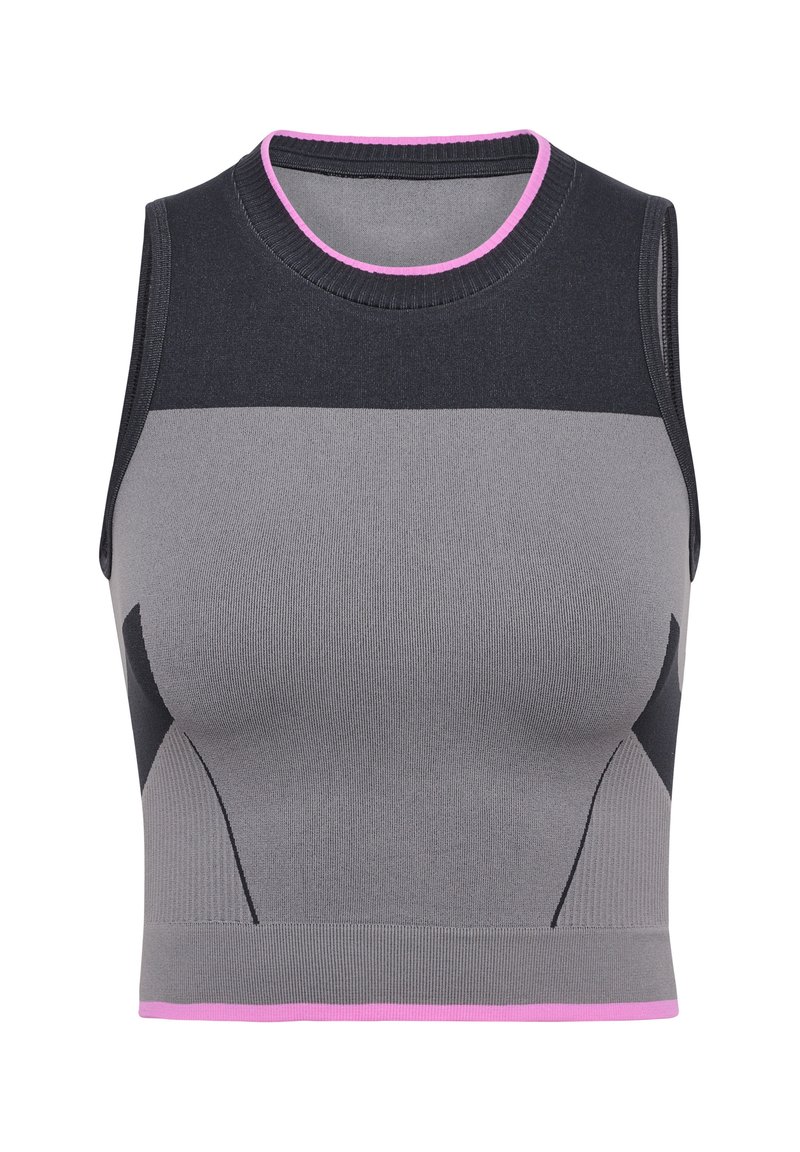 Grijze gecropte tanktop met zwarte accenten en een roze halsafwerking, voorzien van een getailleerd ontwerp en geribbelde textuur.