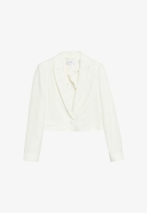 Biała krótka marynarka z klapami z wycięciem, długimi rękawami, zapinaniem na pojedynczy guzik oraz detalem w postaci wszytej kieszeni z przodu.