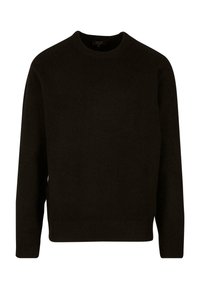 Dunkelbrauner Pullover mit Rundhalsausschnitt aus weichem Stoff. Mit gerippten Bündchen und Saum. Einfaches, figurbetontes Design mit langen Ärmeln.