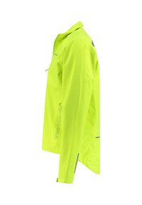 Fluoreszierende, gelbe, wasserdichte Jacke aus leichtem Material, mit Reißverschluss vorne, reflektierenden Akzenten, langen Ärmeln und einem geraden Schnitt.