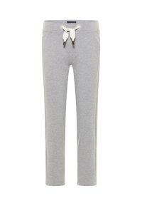 Graue Baumwoll-Sweathosen mit schmaler Passform, ausgestattet mit einem Tunnelzugbund mit weißen Bändern und braunen metallischen Akzenten.