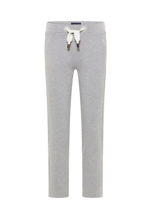 Gray cotton sweatpants with a slim fit, featuring a drawstring waist with white ties and brown metallic accents.