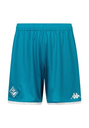 Pantaloncini sportivi turchese con fascia elastica in vita, rifinitura bianca alle gambe, logo Kappa sulla gamba destra ed emblema della squadra di calcio Fiorentina sulla gamba sinistra.
