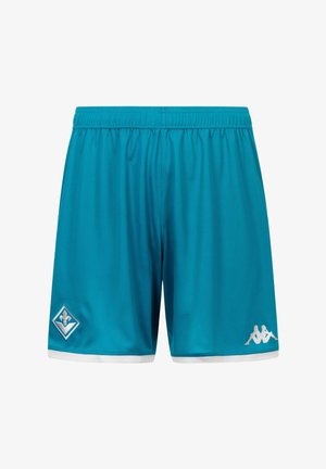 Pantaloncini sportivi turchese con fascia elastica in vita, rifinitura bianca alle gambe, logo Kappa sulla gamba destra ed emblema della squadra di calcio Fiorentina sulla gamba sinistra.