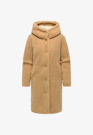 Faux fur kåpe i lysebrun med hette, med knappelukking og to frontlommer. Myk tekstur og knelengde design.