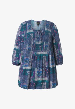 Bunt gemusterte Tunika in Blau-, Lila- und Rosatönen; sie verfügt über einen runden Halsausschnitt, eine Bindebändchen-Dekoration und 3/4-Ärmel mit einem fließenden Design.