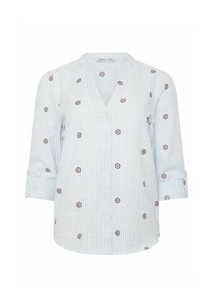 Lyseblå og hvide stribede langærmede bluse med små røde og blå blomsterbroderier, knapper foran og optrukne ærmekanter.