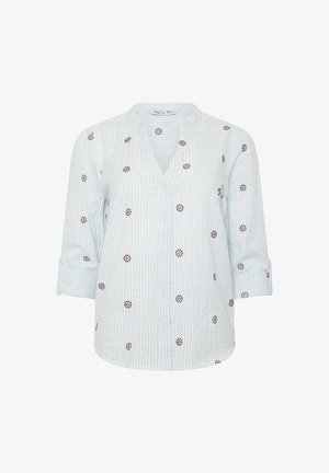 Hellblau-weiß gestreifte Langarmbluse mit kleinen roten und blauen Blumenstickereien, durchgehender Knopfleiste vorn und hochgekrempelten Ärmeln.