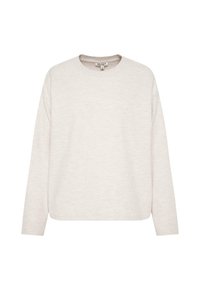 Light beige sweater with a crew neckline, long sleeves, and a soft texture. Slightly loose fit, no prominent patterns or accents.