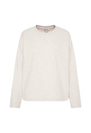 Light beige sweater with a crew neckline, long sleeves, and a soft texture. Slightly loose fit, no prominent patterns or accents.