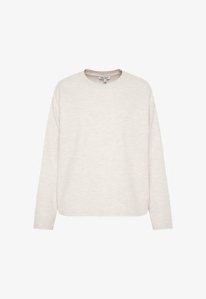 Light beige sweater with a crew neckline, long sleeves, and a soft texture. Slightly loose fit, no prominent patterns or accents.
