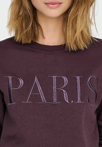 Felpa bordeaux con ricamo "PARIS" in diverse sfumature di viola. Collo rotondo classico e tessuto testurizzato.