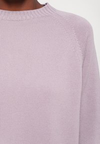 Light purple knitted sweater with a ribbed crew neckline and raglan sleeves. Smooth texture with a subtle sheen and no visible patterns.