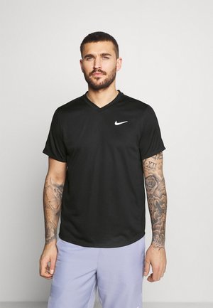 Black Nike short-sleeve sports shirt with a V-neck and small white logo on the chest, made from a smooth, lightweight fabric.