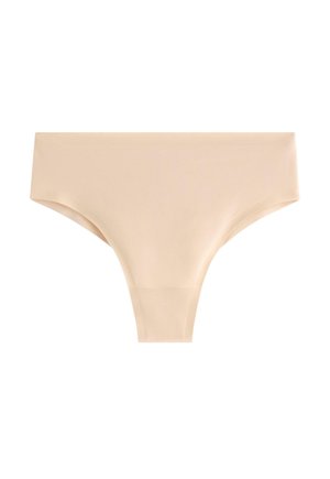 Sømløs beige kvindelig g-streng med glat tekstur og enkelt design, vist fladt på en hvid baggrund.