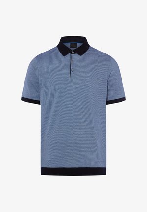 Kurzärmeliges blaues Poloshirt mit feinen horizontalen Streifen, schwarzem Kragen, Knopfleiste und schwarzen Abschlüssen an Ärmeln und Saum.