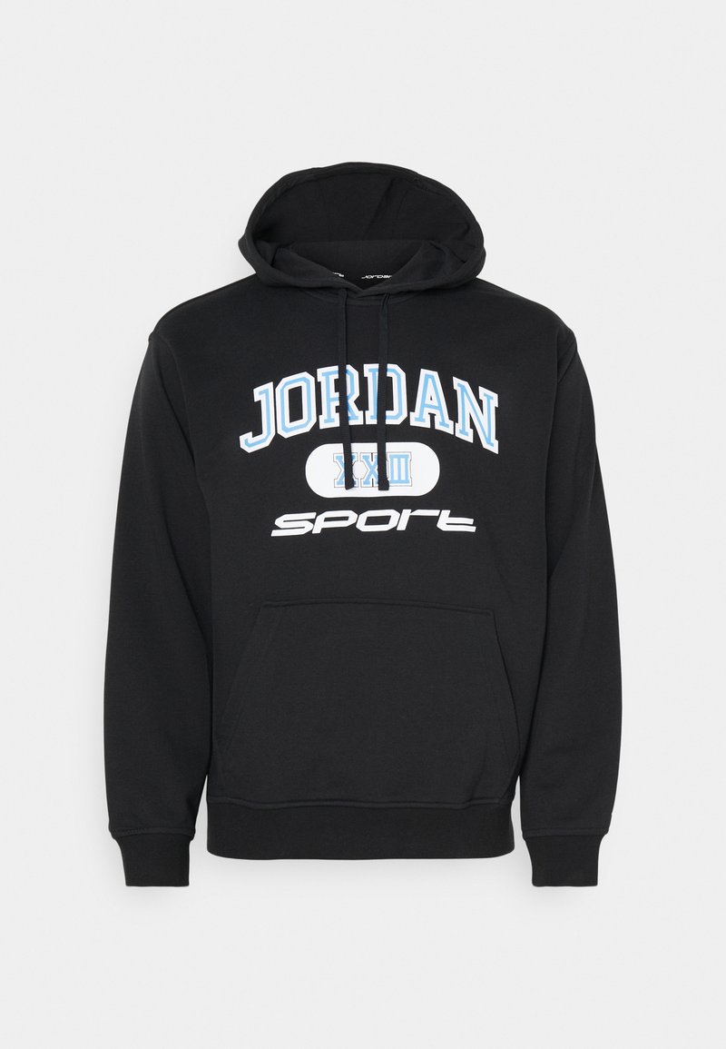 Sudadera negra con un bolsillo frontal, con texto azul "JORDAN XXIII" y texto blanco "sport". Hecha de tela suave, con capucha ajustable.