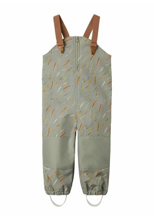Combinaison imperméable pour enfants avec bretelles marron réglables, fermeture éclair frontale, chevilles élastiques et un motif de blé inspiré de la nature.