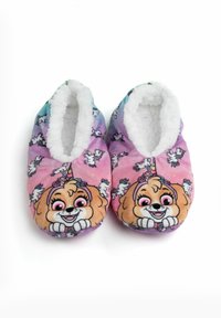 Pantofole per bambini con morbido tessuto a fantasia rosa e viola, decorate con un cane dei cartoni animati e unicorni, foderate con caldo pile bianco.